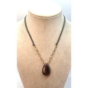 Brown Teardrop Pendant Necklace With Gold Chain & Green Cord